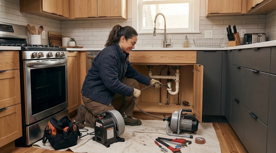 Kitchen sink drain cleaning and trap snaking in Homecrest residential kitchen