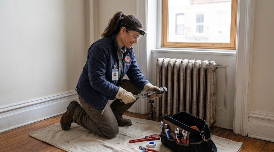 Steam radiator valve repair and air vent servicing in Homecrest residential building