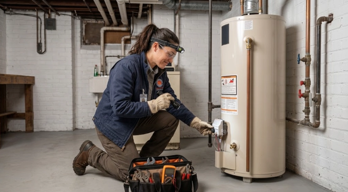 Water heater repair and testing in Homecrest residential basement utility room
